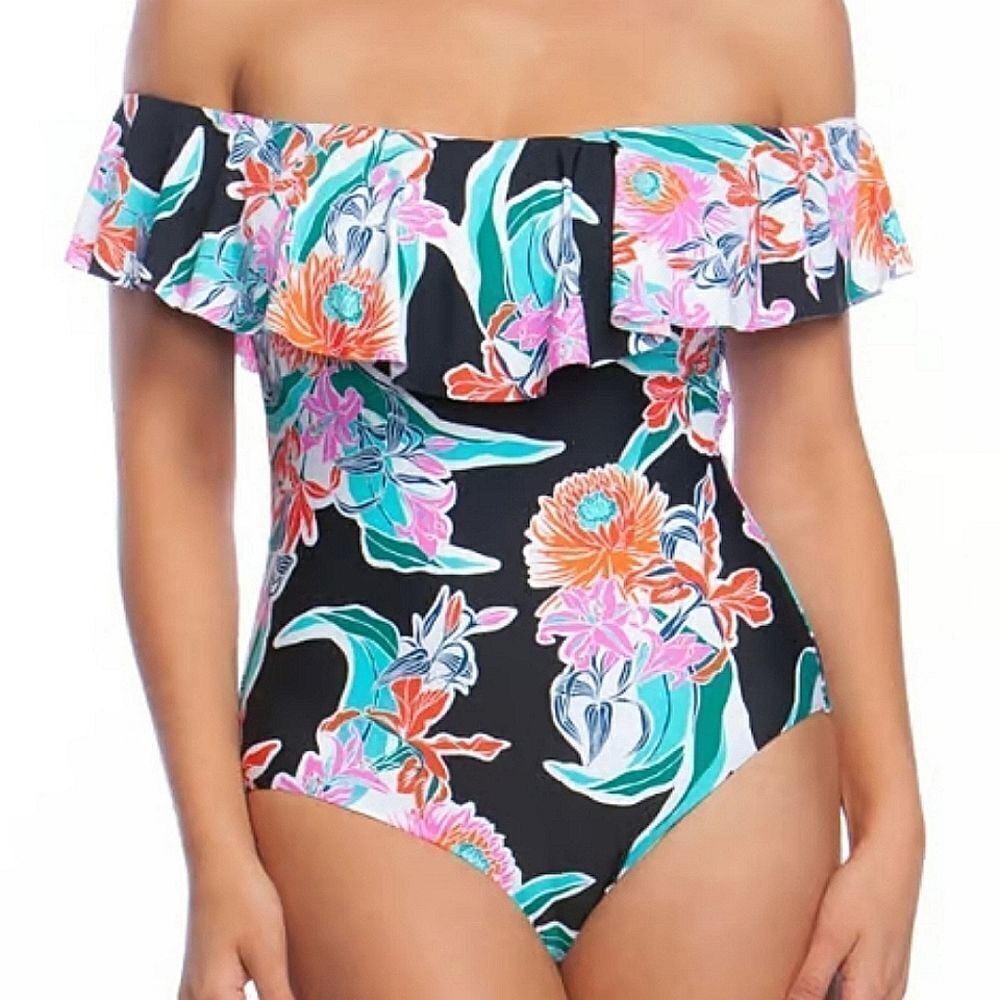 Trina Turk Women's Off Shoulder Ruffle Bandeau One Piece Swimsuit size 6